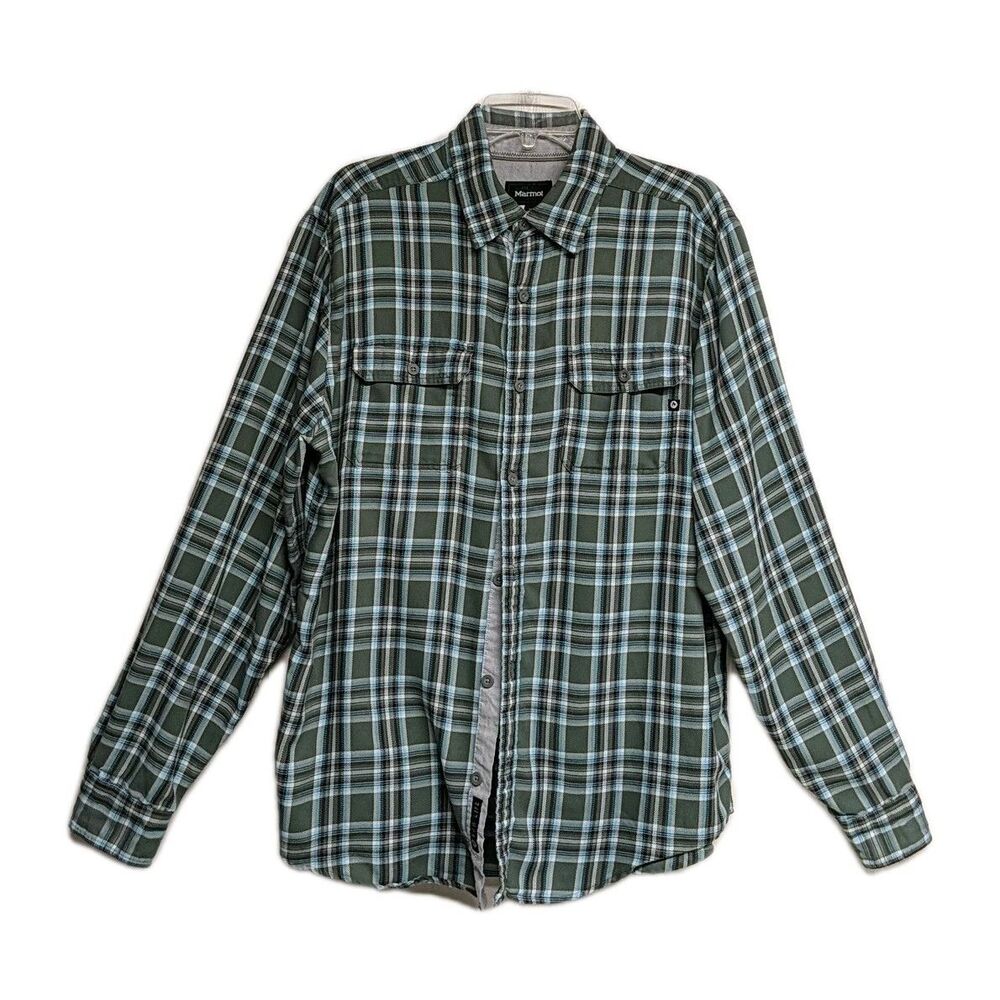 Marmot Plaid Shirt Men Large Button Down Lumberjack L Green/Brown/Blue